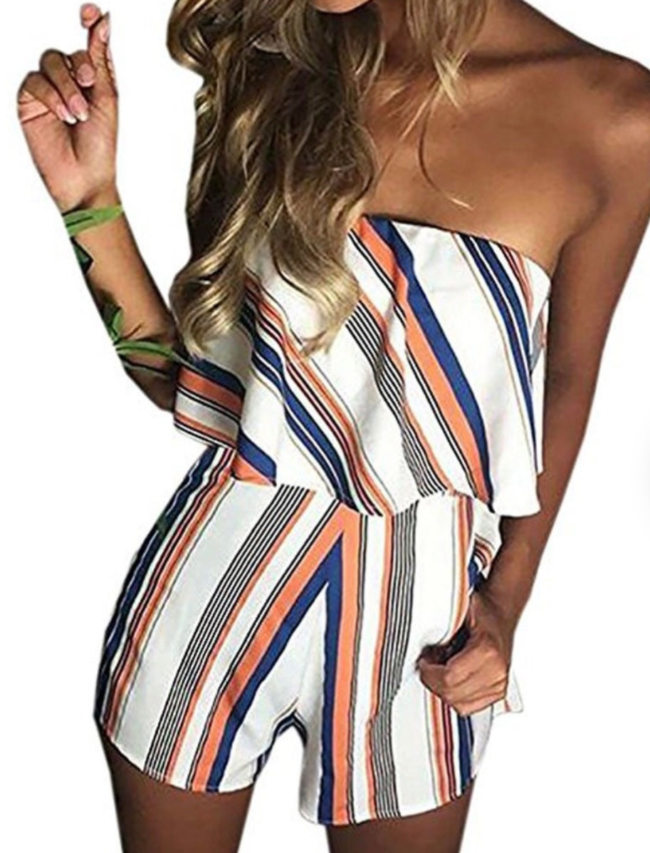 Unknown Jumpsuit Medium White with navy blue, peach, and black stripes