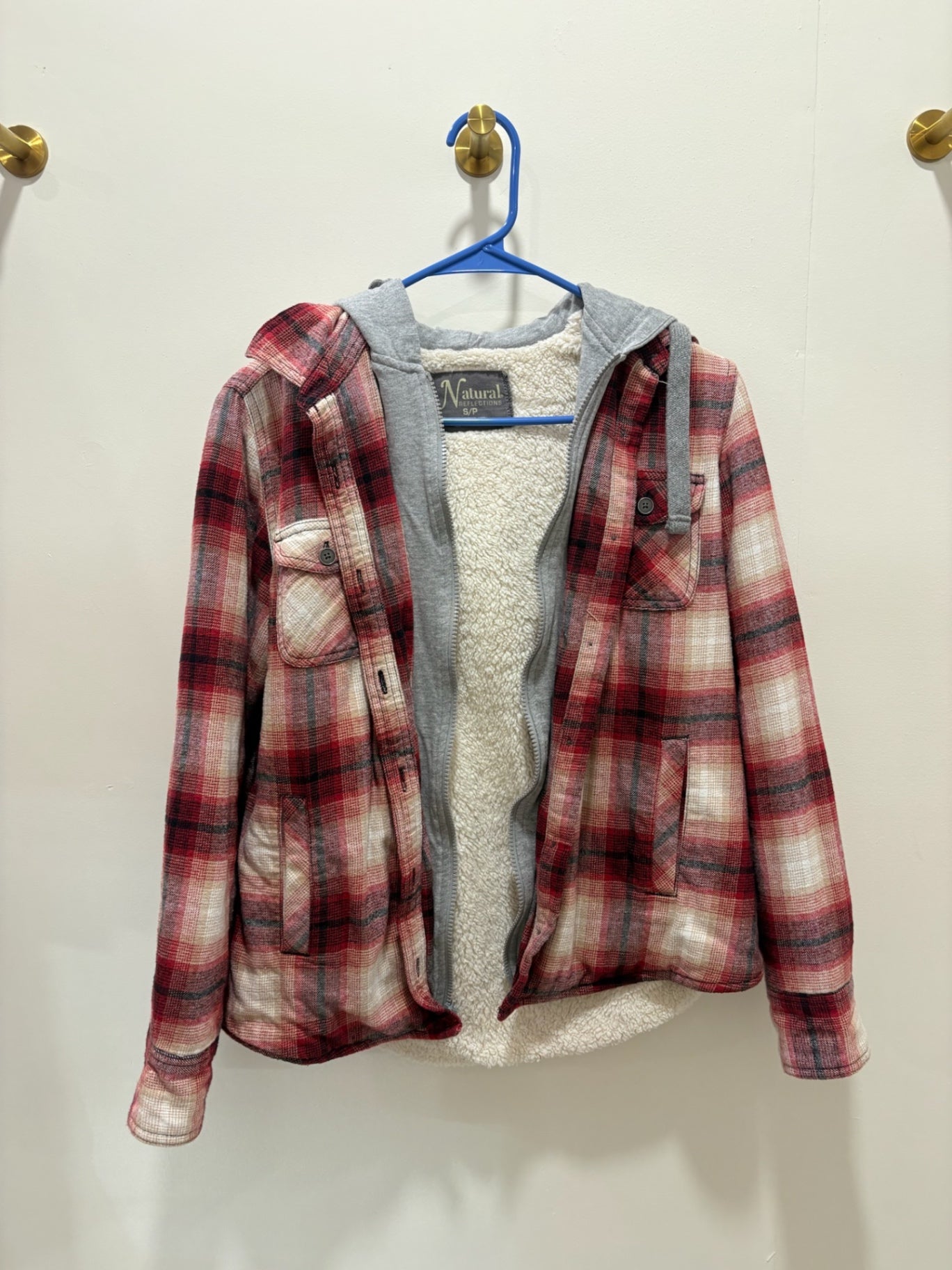Natural Jacket Small Red and beige plaid with gray hoodie lining