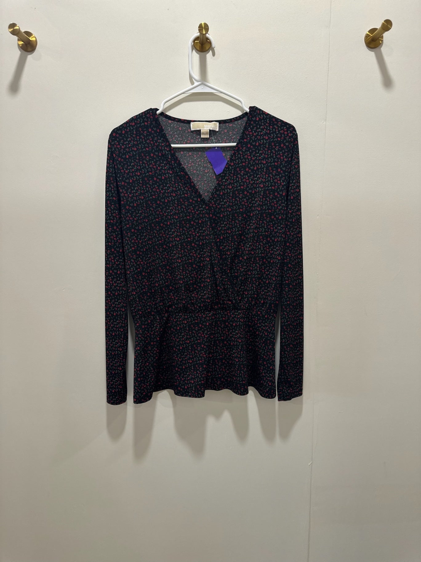 Michael Kors Blouse Medium Black with red and pink floral pattern