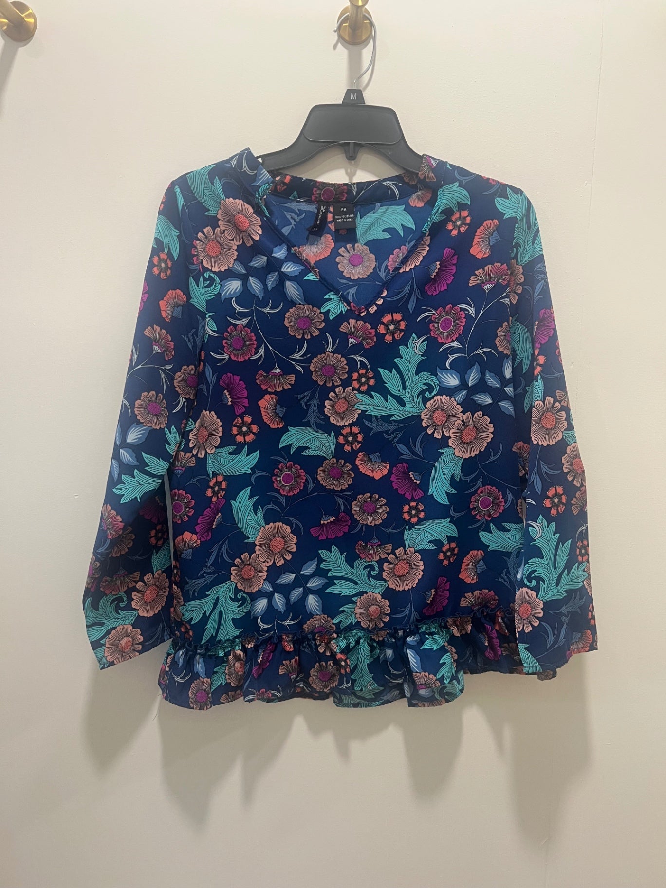 New Directions Blouse Medium Navy blue with floral print in pink, purple, and green