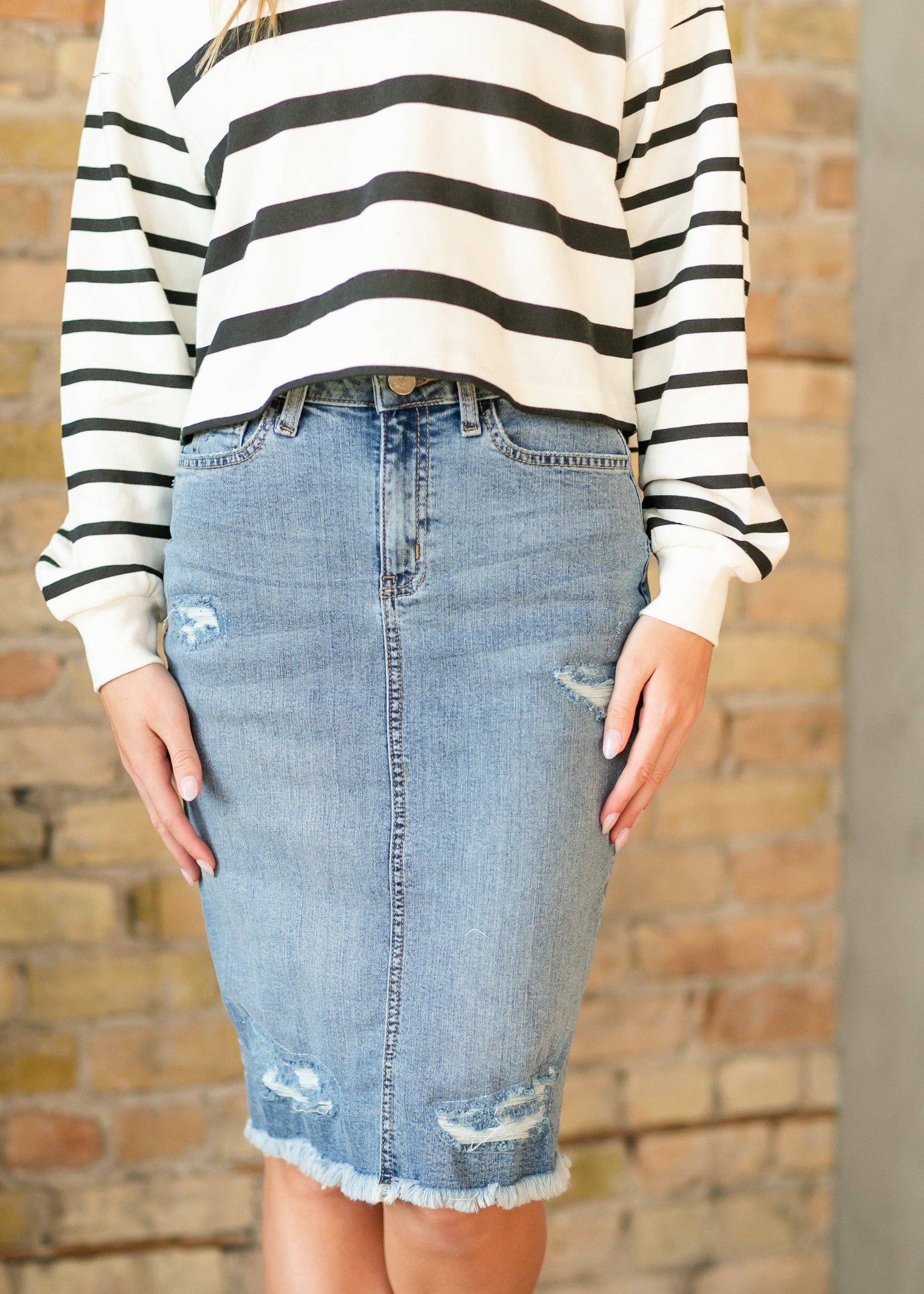 Presley Distressed Denim Midi Skirt