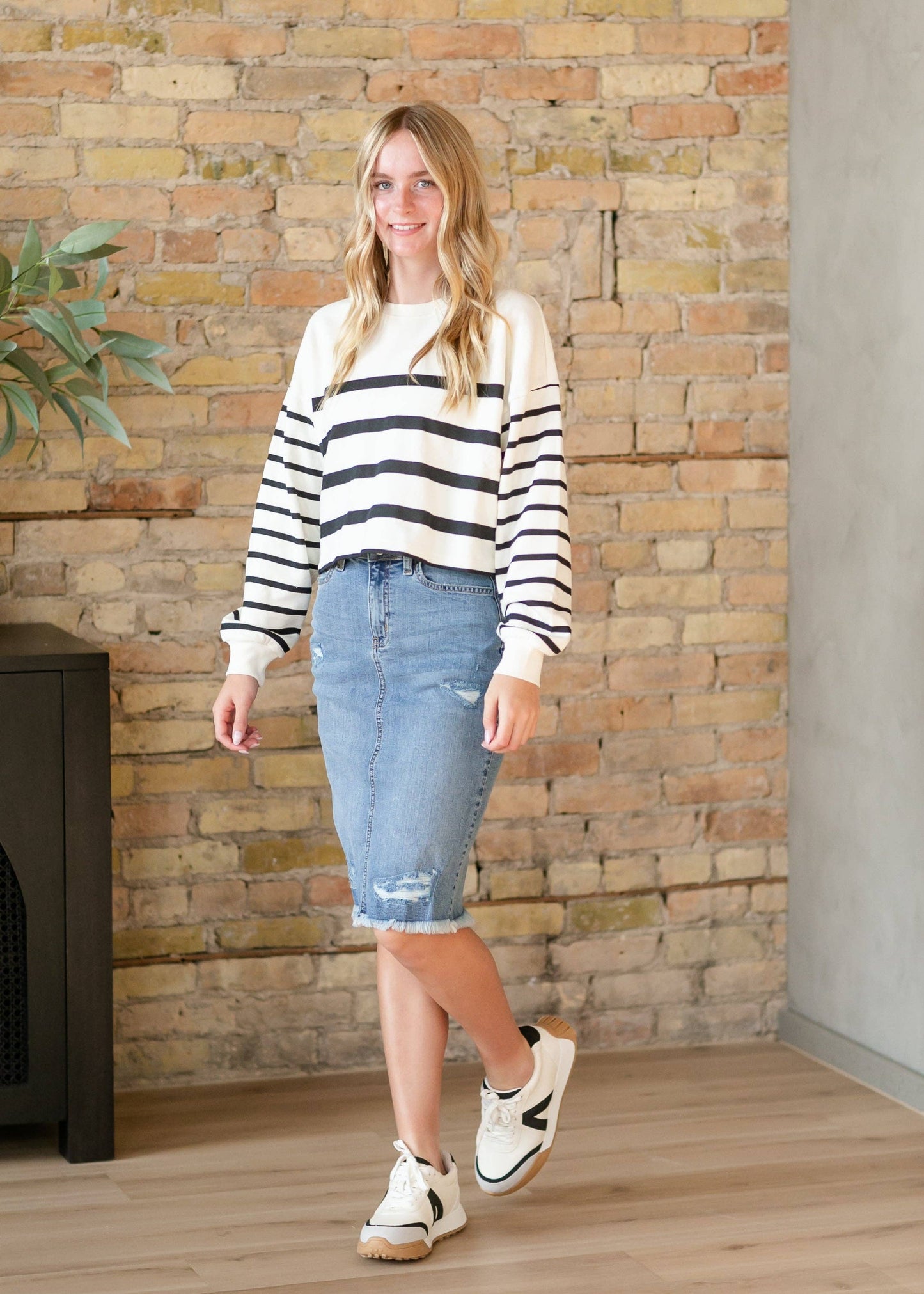 Presley Distressed Denim Midi Skirt