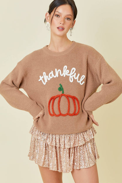 Thankful Pumpkin Embroidered Sweater Top