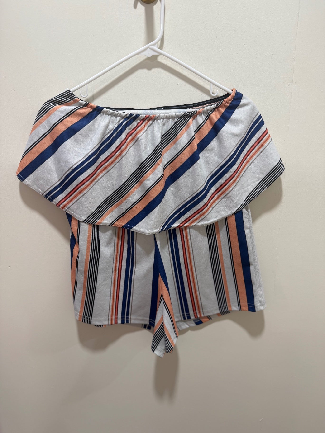 Unknown Jumpsuit Medium White with navy blue, peach, and black stripes
