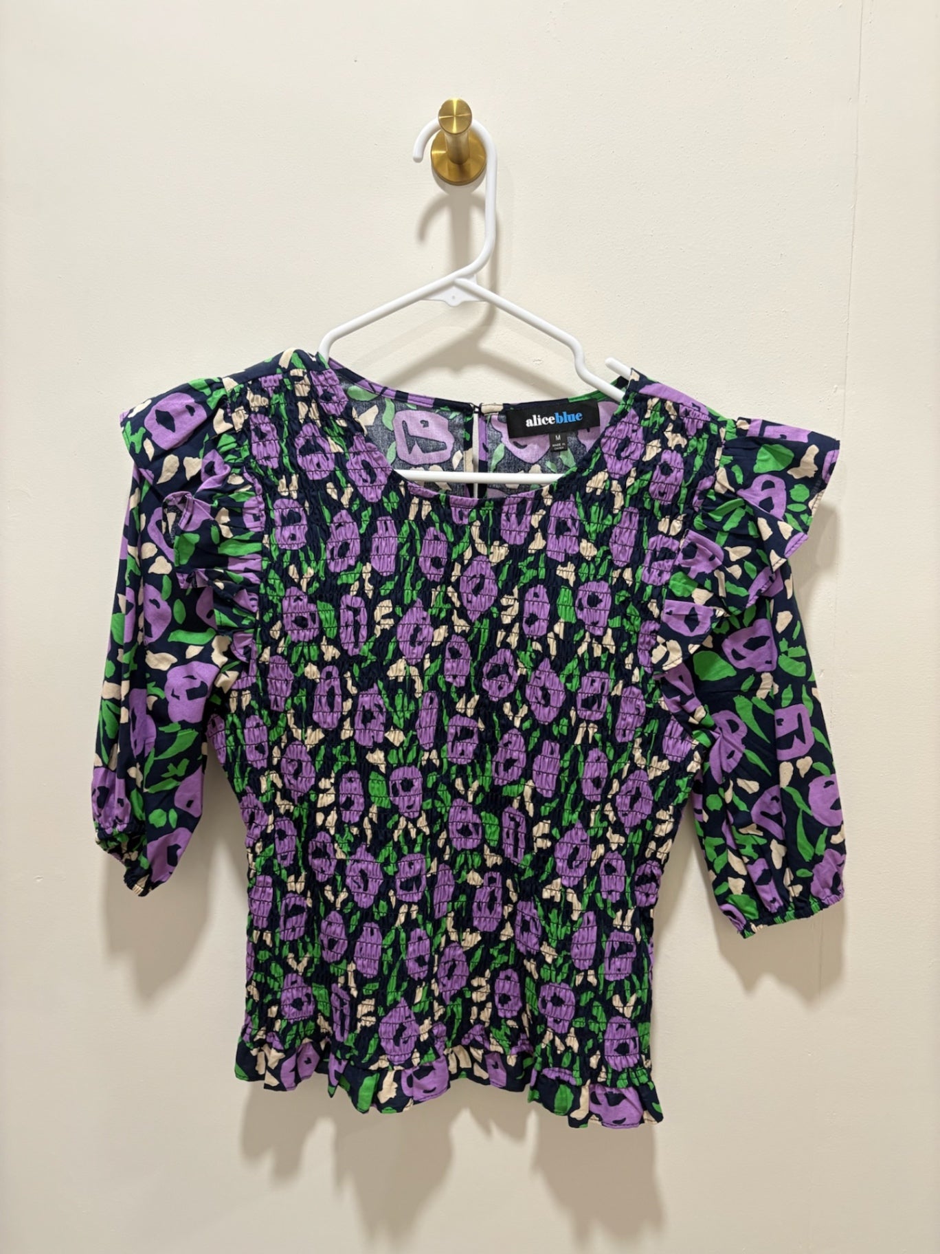 aliceblue Top Medium Black with purple, green and beige pattern