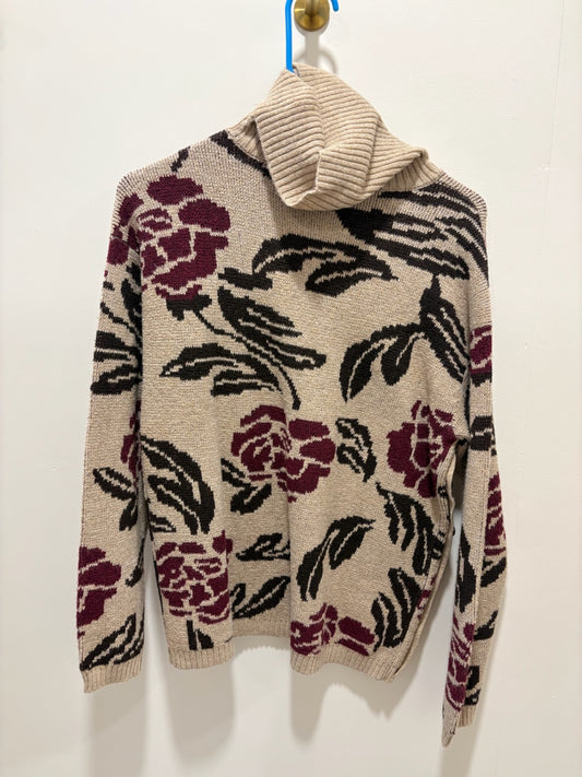 St. John’s Bay Sweater Medium Beige with burgundy and black floral pattern