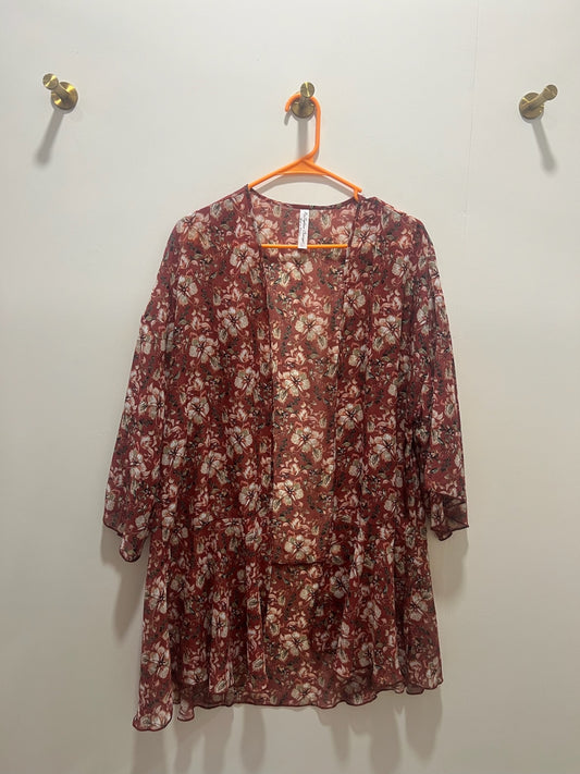 Cardigan Large Red and beige with floral pattern
