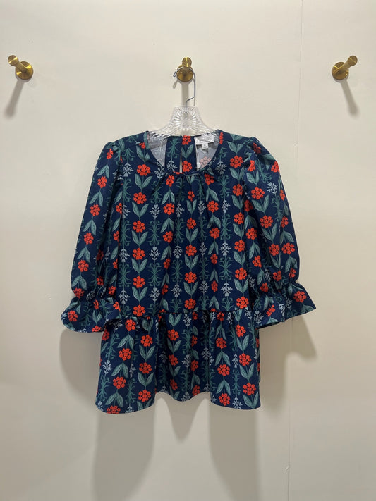 Mudpie Top Medium Navy blue with red and green floral pattern