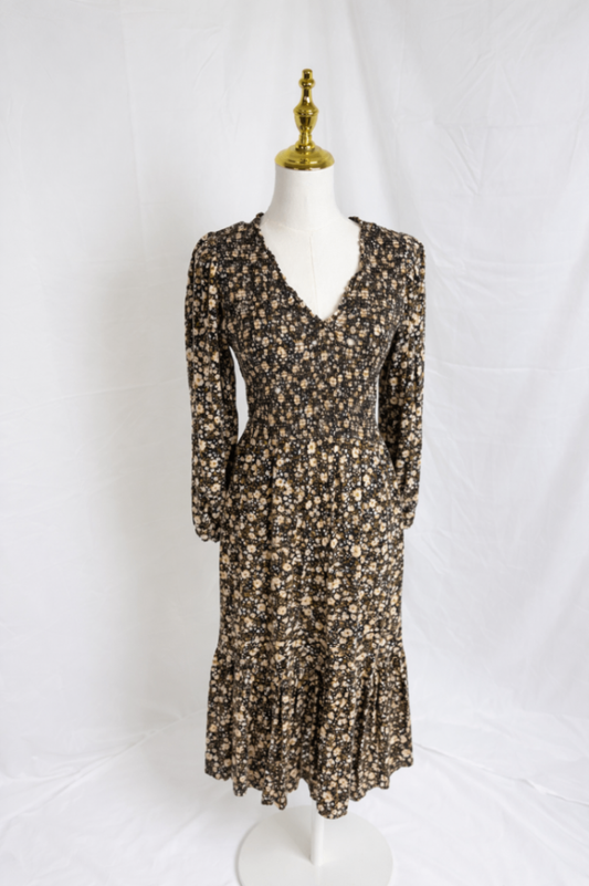 Unknown Dress XS Black with beige and white floral print