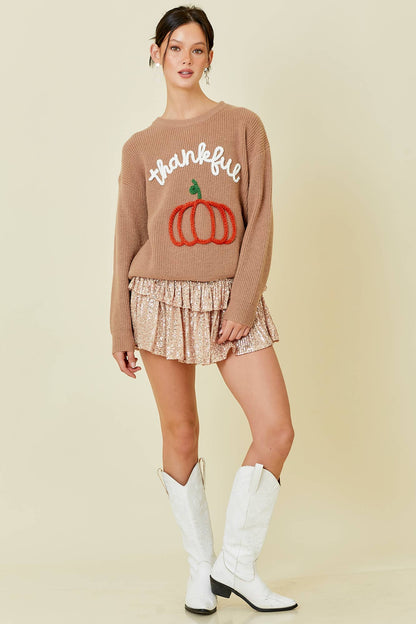 Thankful Pumpkin Embroidered Sweater Top