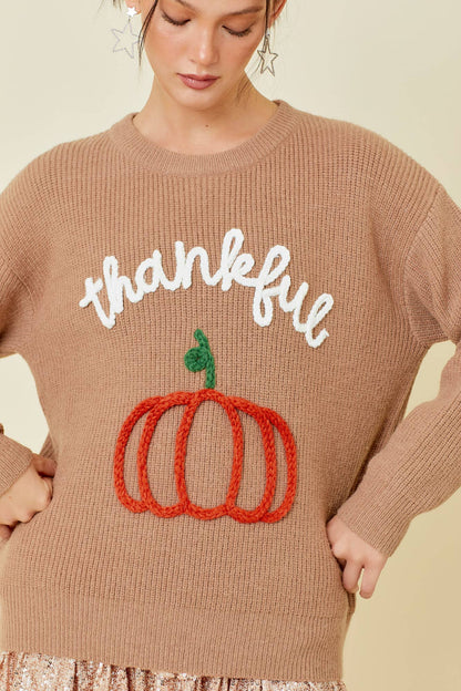 Thankful Pumpkin Embroidered Sweater Top