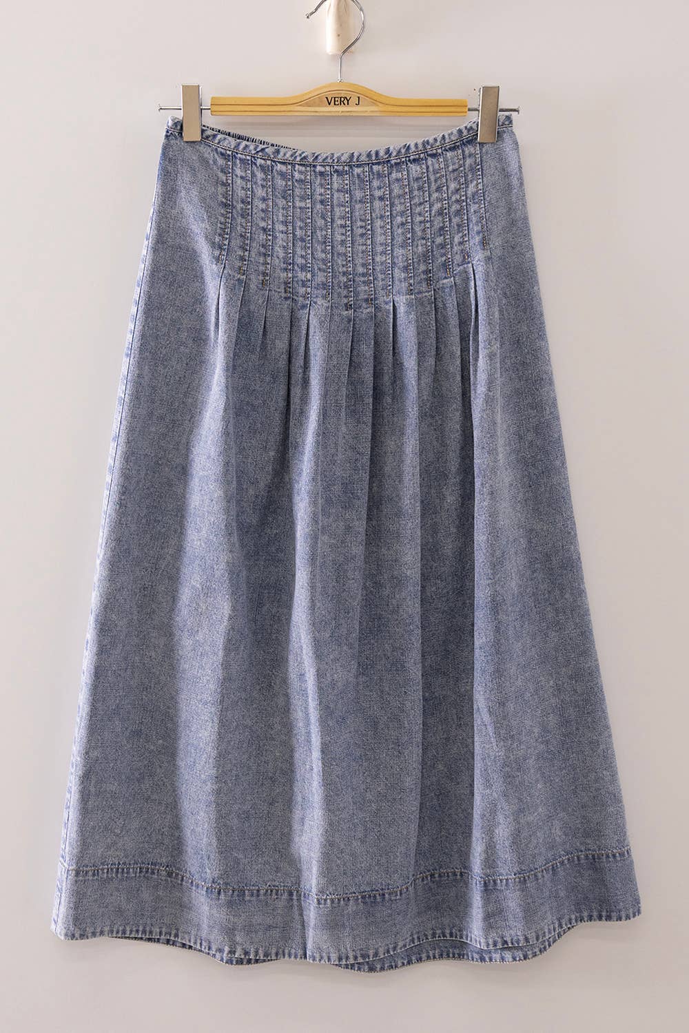 Vintage Wash Denim Midi Skirt: DARK INDIGO