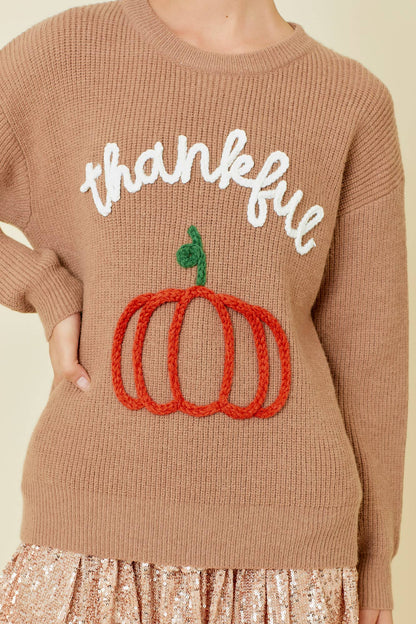 Thankful Pumpkin Embroidered Sweater Top