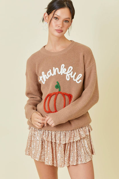 Thankful Pumpkin Embroidered Sweater Top