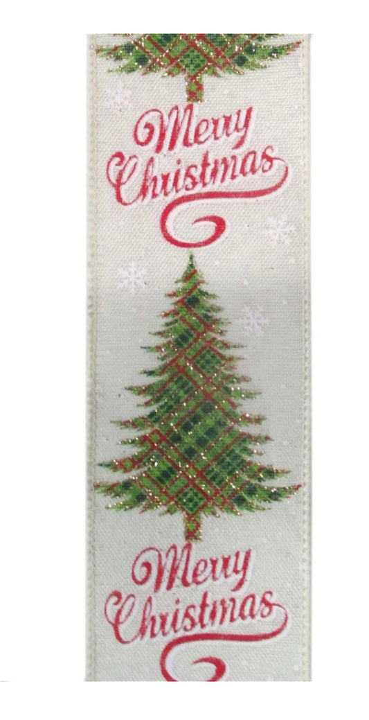 Merry Christmas Linen Snowflake Plaid Tree Ribbon