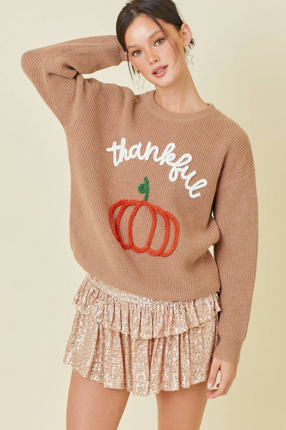 Thankful Pumpkin Embroidered Sweater Top