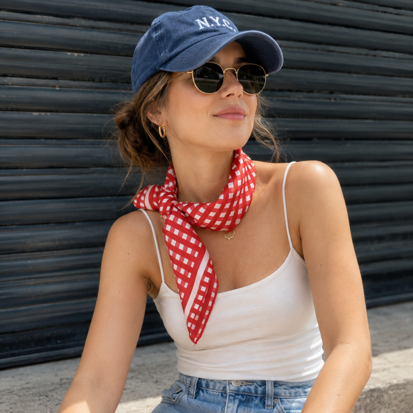 French Picnic Red Gingham Satin Scarf