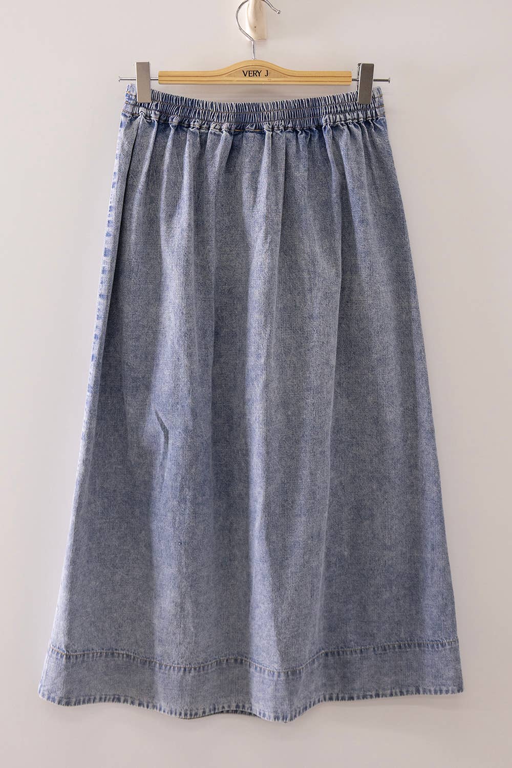 Vintage Wash Denim Midi Skirt: DARK INDIGO