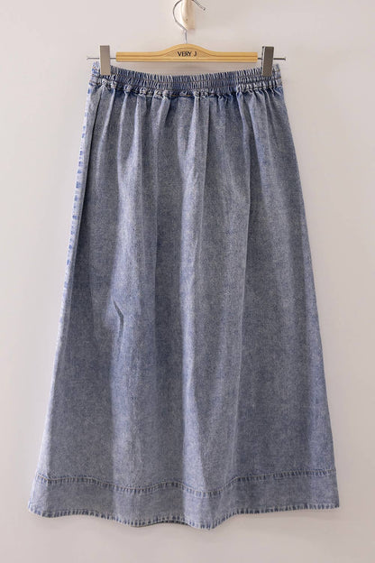 Vintage Wash Denim Midi Skirt: DARK INDIGO