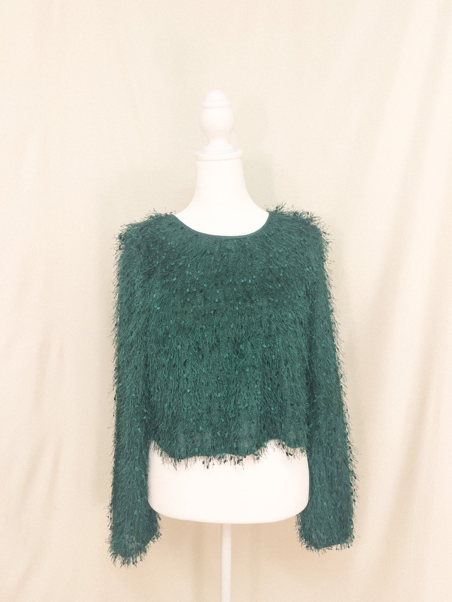 Long Sleeve Fluffy Fringe Cropped Top