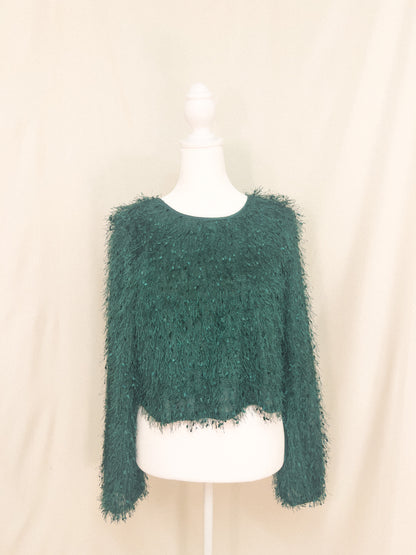 Long Sleeve Fluffy Fringe Cropped Top