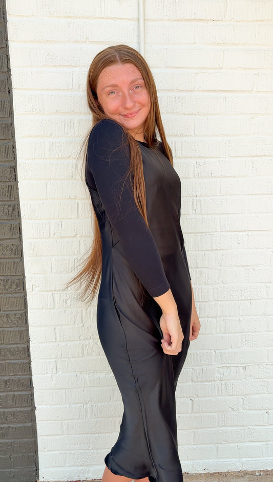 The Black Sleeveless Satin Midi Dress