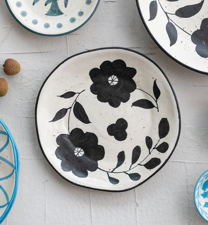 Hand-Painted Stoneware Plate w/ Floral Design, Matte Black & Cream Color Speckled