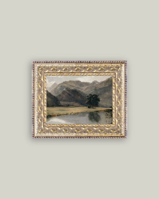 River Mountainscape Framed Antique Art 7x5