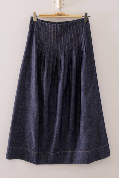 Vintage Wash Denim Midi Skirt: DARK INDIGO