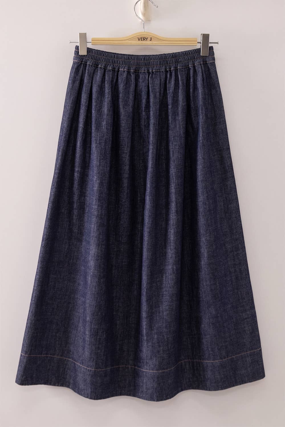 Vintage Wash Denim Midi Skirt: DARK INDIGO