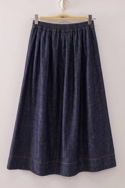 Vintage Wash Denim Midi Skirt: DARK INDIGO
