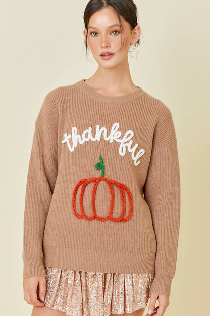 Thankful Pumpkin Embroidered Sweater Top